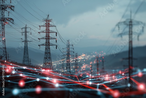 High voltage power lines and transmission towers overlaid with abstract digital network flow at dusk, concept for smart grid technology, energy distribution management and industrial digitalization