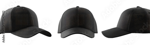 Three dark gray baseball caps displayed in profile views
