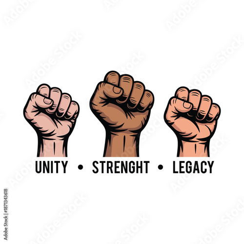 Three Diverse Raised Fists Symbolizing Unity Strength and Social Justice Movement