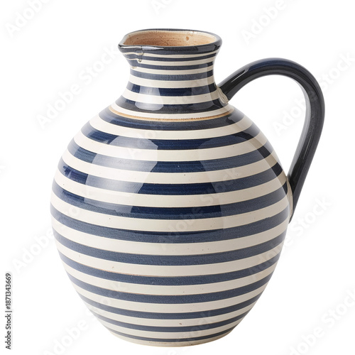 Ceramic Pitcher With Blue and White Stripes on a Kitchen Table in a Home Setting