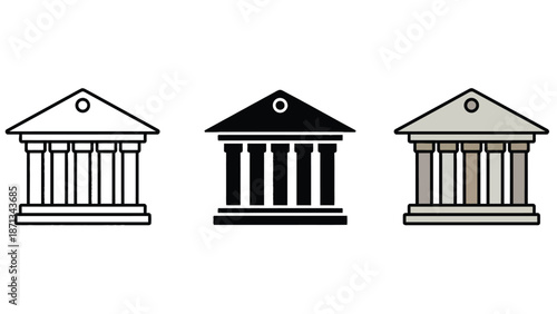 Three different colored illustrations of classic bank building architecture designs