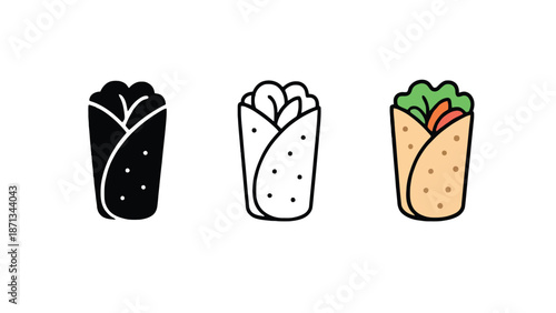 A set of three colorful illustrations of wrapped food items on a white background
