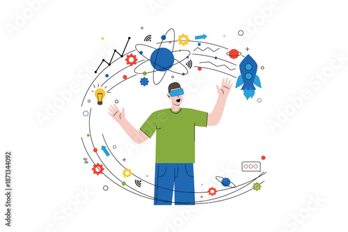 Man wearing VR headset experiencing immersive virtual reality technology with icons rocket