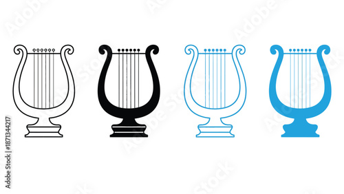 Four different colored harp icons on a white background