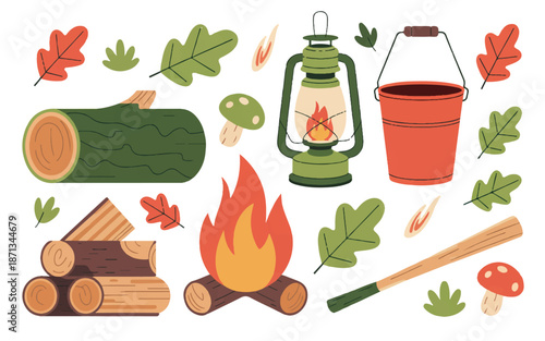 cartoon camping objects including firewood and burning flame and lantern and leaves