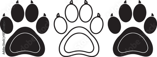 Three black and white paw prints with claws and paw pads outlined in a stylized manner also transparent background