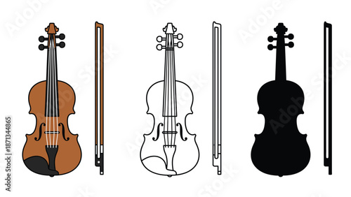 A colorful illustration of violins and bows in different styles and colors