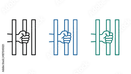 A hand grasping prison bars in black, blue, and green line art illustrations