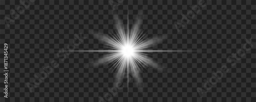 Bright white glowing star flare effect with sharp rays on dark transparent background for creative graphic design work
