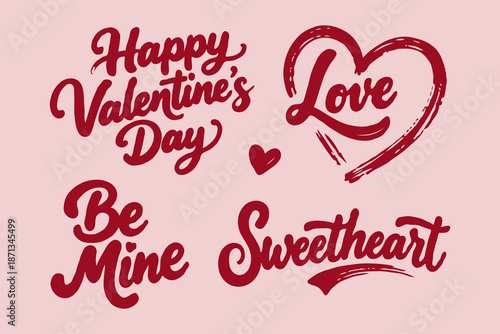 Romantic handwritten calligraphy phrases including love, be mine, and sweetheart in red on soft pink background, conveying Valentine's Day