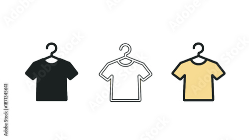 Three t-shirts hanging on hangers in different colors and styles