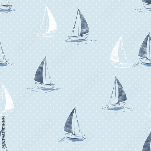 seamless pattern with sailing boats textured background light blue