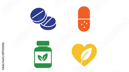 A colorful illustration of various health and wellness symbols and icons.