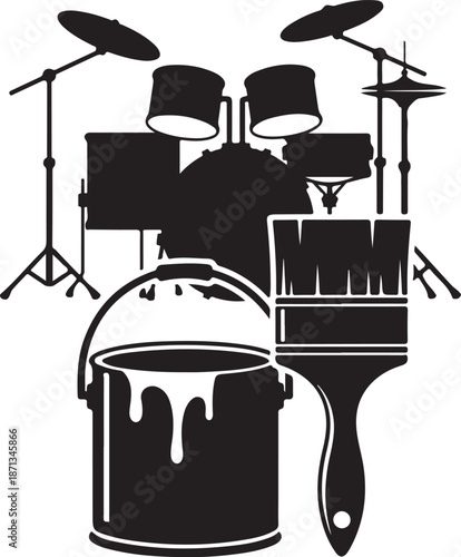 Black Silhouette of a Complete Drum Set.