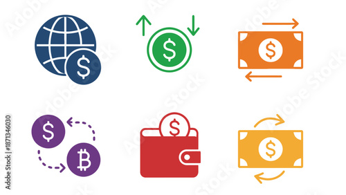 A collection of colorful financial icons on a white background