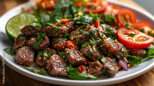A rich dish with aromatic meat, fresh vegetables and herbs will emphasise the appetising nature of the culinary section or serve as a striking backdrop for restaurant advertising.