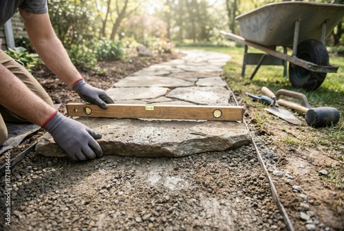 Wallpaper Mural Worker levels stone slab on garden path while laying stones in afternoon sunlight in residential yard Torontodigital.ca