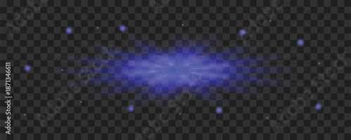 Deep blue energy beam flare with horizontal stretching and tiny blue bokeh light dots on transparent dark background grid