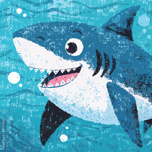 Smiling Shark Illustration: A captivating illustration of a friendly shark, exuding joy with a wide grin and playful bubbles.