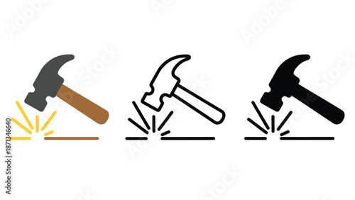 Three different hammer icons in various colors and styles are shown