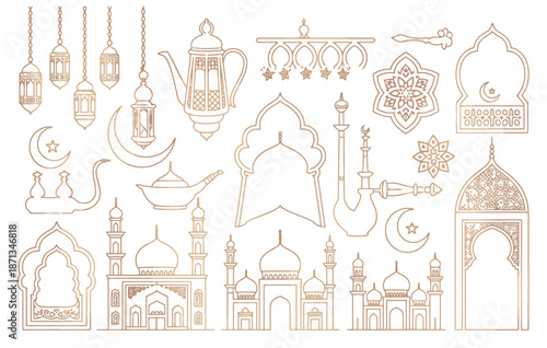 traditional arabic muslim oriental gold decorative elements, arabic mosque, arch, hookah, eastern lantern, patterned borders, vector illustration set, oriental arabic symbols for design projects.