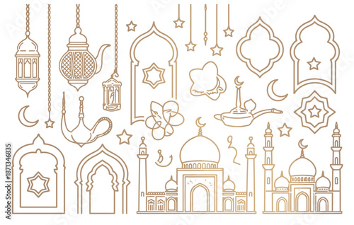 traditional arabic muslim oriental gold decorative elements, arabic mosque, arch, hookah, eastern lantern, patterned borders, vector illustration set, oriental arabic symbols for design projects.