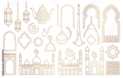 arabic muslim decorative elements vector set, traditional oriental gold motifs, mosque, arch, hookah, lantern, patterned borders, eastern arabic symbols for web and print design.