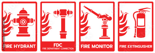 Vector icon set of firefighting equipment including fire hydrant, FDC connection, fire monitor, and fire extinguisher. Ideal for safety signs, emergency graphics, and fire protection design