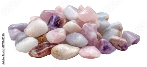 Pile of tumbled, multicolored semi-precious stones.  A mix of pale pinks, purples, and whites, with varied shapes and sizes