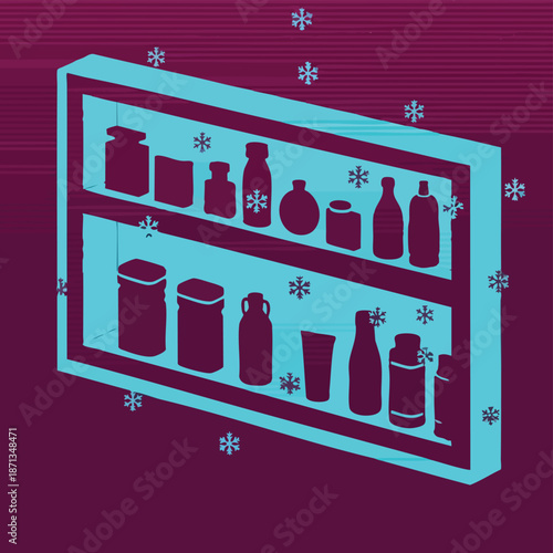 A stylized illustration of various bottles and containers displayed on two shelves with a minimalist snowflake motif.