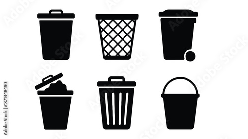 A collection of black trash can and bucket icons on a white background