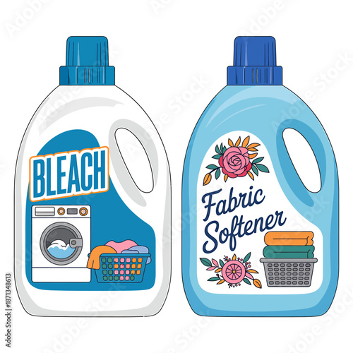Illustrated Laundry Products Bleach and Fabric Softener Bottles