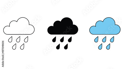 Three weather icons depicting rainy clouds in different colors and styles