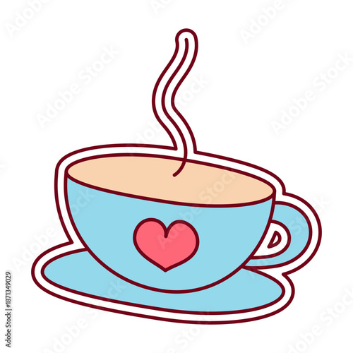 The sticker is a blue cup with a hot drink decorated with a red heart. On Valentine's Day. It is an element for greeting cards, invitations, weddings and packaging.
