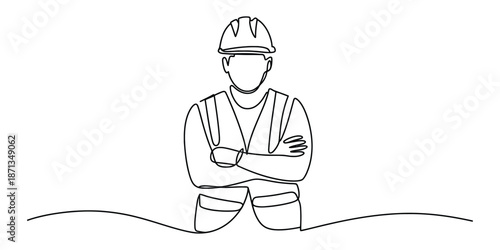 One line drawing of a skilled construction worker standing with confidence and crossed arms