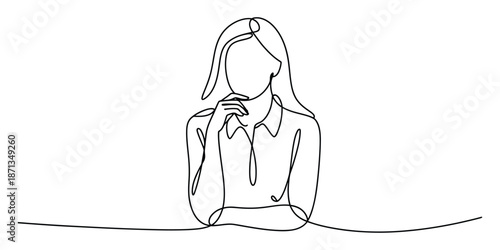 Continuous line drawing of a pensive young woman contemplating while leaning on a table