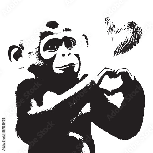 Sweet raccoon stencil art with love gesture. Playful forest animal graphic design. Black and white raccoon portrait with expressive eyes and smile.