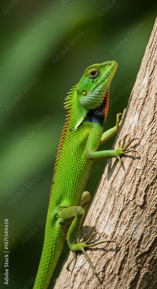 Fototapeta premium Tropical Lizard on Tree Bark in Natural Habitat