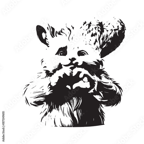 Sweet raccoon stencil art with love gesture. Playful forest animal graphic design. Black and white raccoon portrait with expressive eyes and smile.