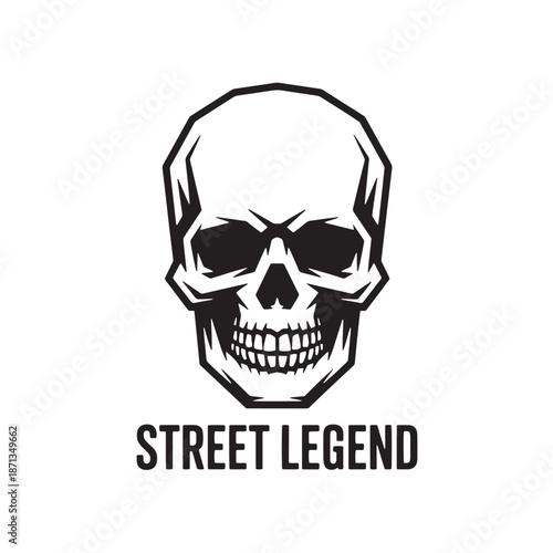Edgy skull graphic with bold typography. Street rebel lettering with skeleton head. Gritty underground fashion element for t-shirt prints and logo art.