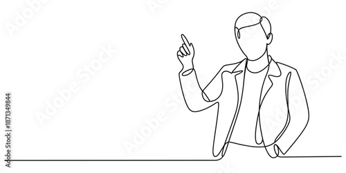 Continuous line drawing of a man pointing upwards with his index finger