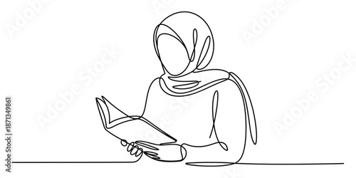 Continuous line art of a focused woman in hijab reading a book for knowledge