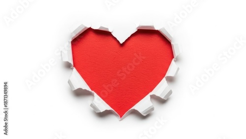 Red heart torn out of white paper background