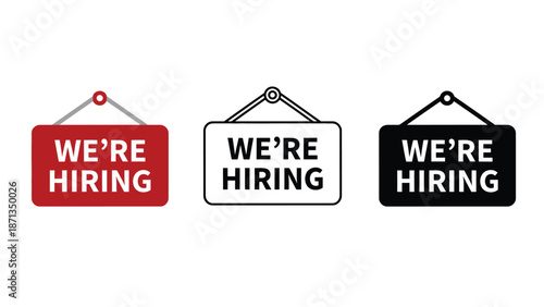 Three colorful signs indicating that a company is currently hiring staff