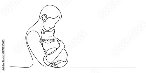 Continuous line drawing depicting a person lovingly embracing a domestic pet cat