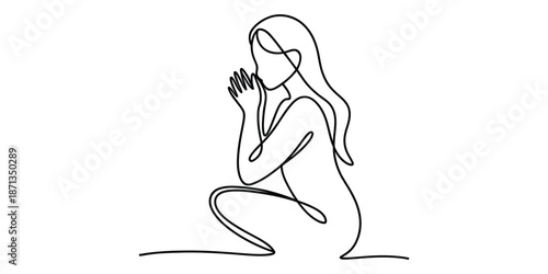 Minimalist one line drawing portraying a woman in a humble posture of prayer or contemplation.