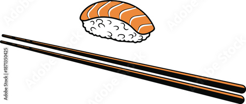 Fresh salmon nigiri sushi with elegant black chopsticks on a clean white background