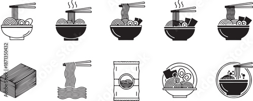 A collection of diverse ramen and instant noodle icons in black and white line art style