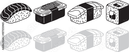 A diverse collection of japanese sushi varieties including nigiri, gunkan maki, and maki rolls