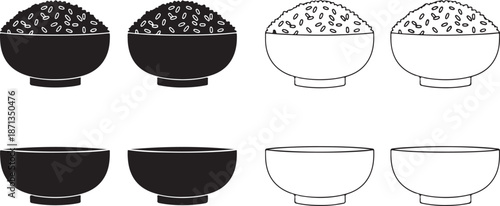 Minimalist rice bowl illustrations: a collection of full and empty bowls in black and white